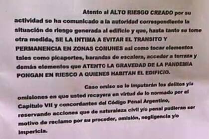 La carta de advertencia que recibió la médica
