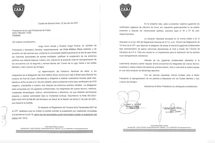 La carta de Boca a la Liga Profesional en la que pide la postergación de los partidos con Banfield y San Lorenzo.