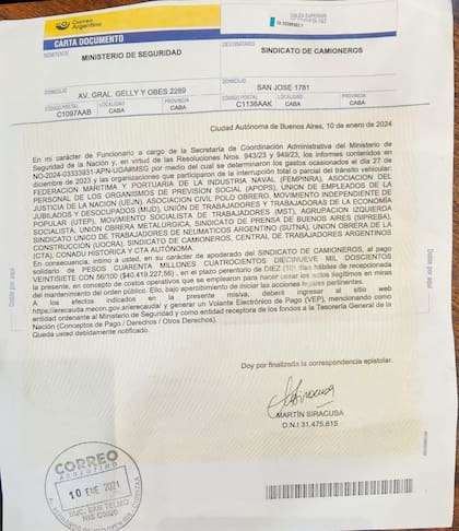 La carta de Bullrich a Camioneros