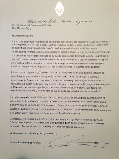 La carta de Cristina Kirchner por la muerte de Suárez