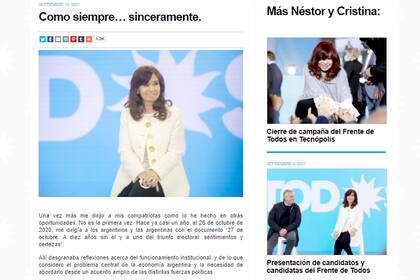La carta de Cristina Kirchner publicada en su página