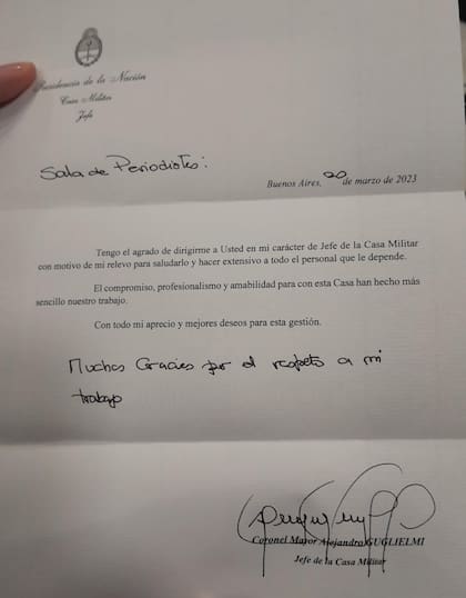 La carta de despedida de Guglielmi