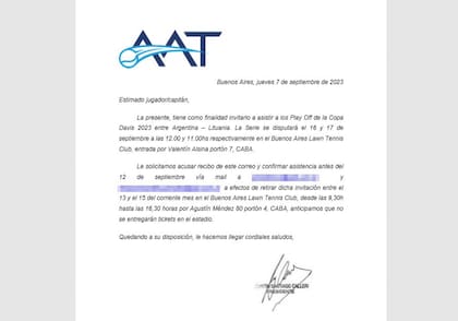 La carta de invitación a la serie Argentina-Lituania de la Copa Davis que la AAT les envió a algunos ex jugadores y capitanes