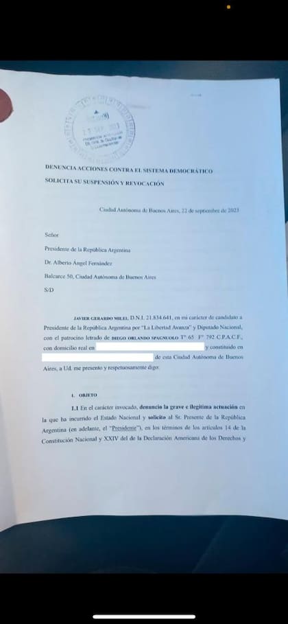 La carta de Javier Milei a Alberto Fernández