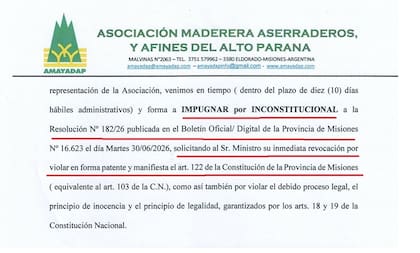 La carta de la Asociación Maderera, Aserraderos y Afines del Alto Paraná