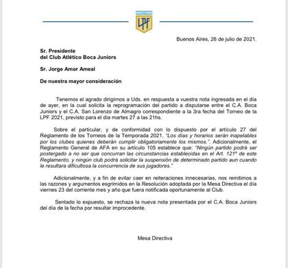 La carta de la Liga Profesional de Fútbol a Boca ratificando la negativa para el cambio de día del clásico