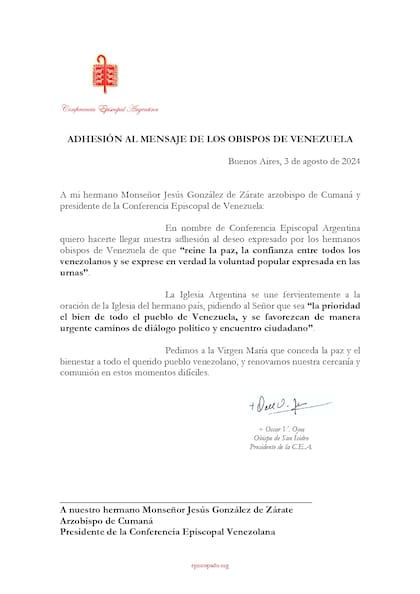 La carta de monseñor Oscar Ojea