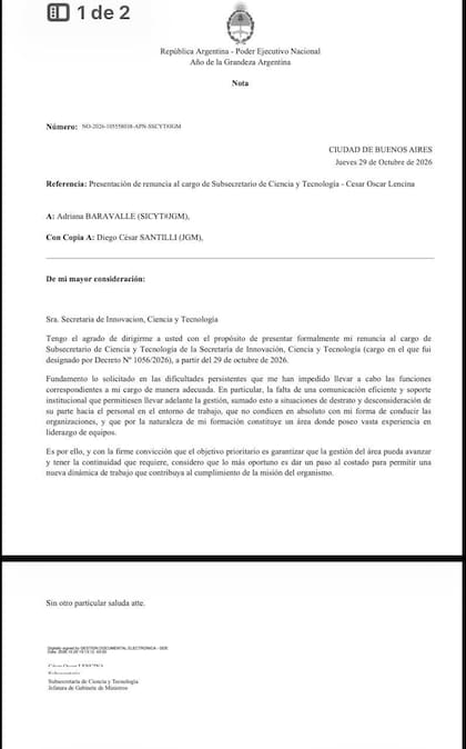 La carta de renuncia de Lencina