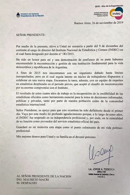 La carta de renuncia de Todesca
