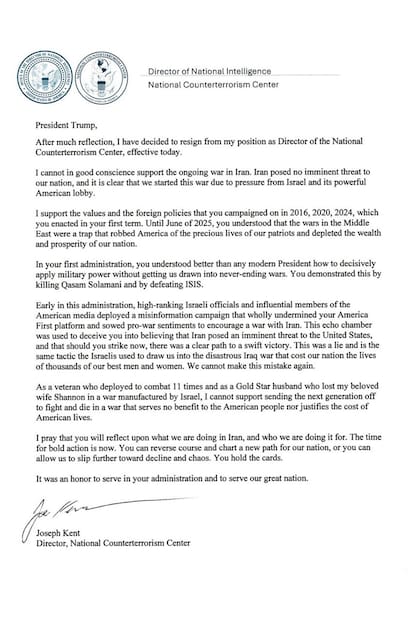 La carta de renuncia de Joe Kent como director del Centro Nacional de Contraterrorismo.