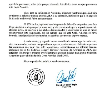 La carta de Tapia dirigida a la Conmebol