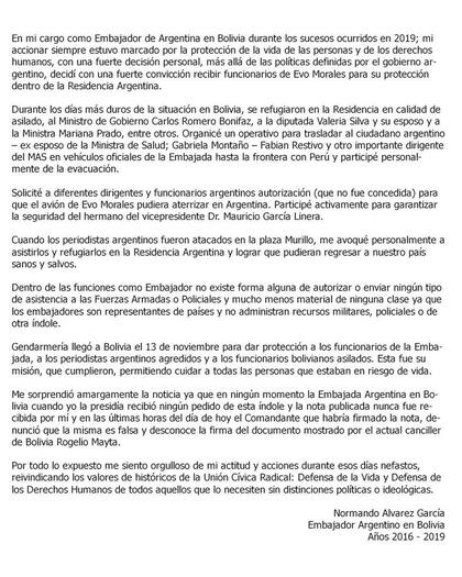 La carta del exembajador Normando Álvarez García