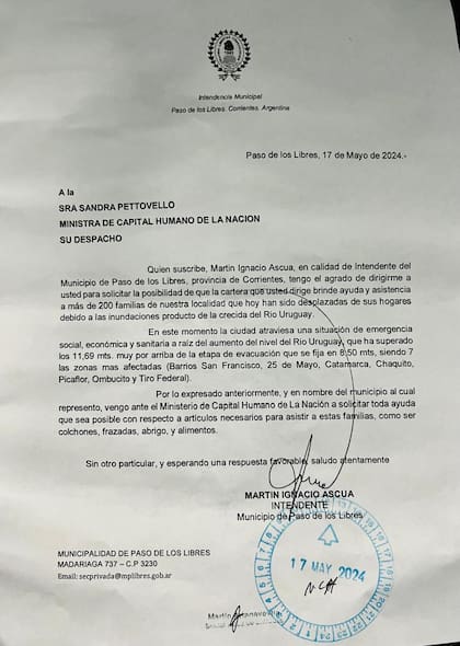 La carta del intendente de Pasos de los Libres a la ministra Pettovello