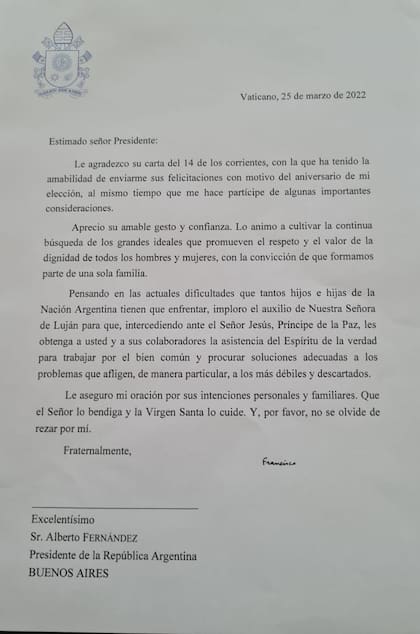 La carta del papa Francisco