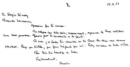 La carta del Papa Francisco a Sergio Sánchez, titular de la Federación de Cartoneros, por la cena solidaria de Navidad
