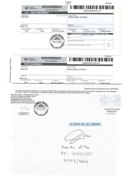 La carta documento del Enacom a Neira