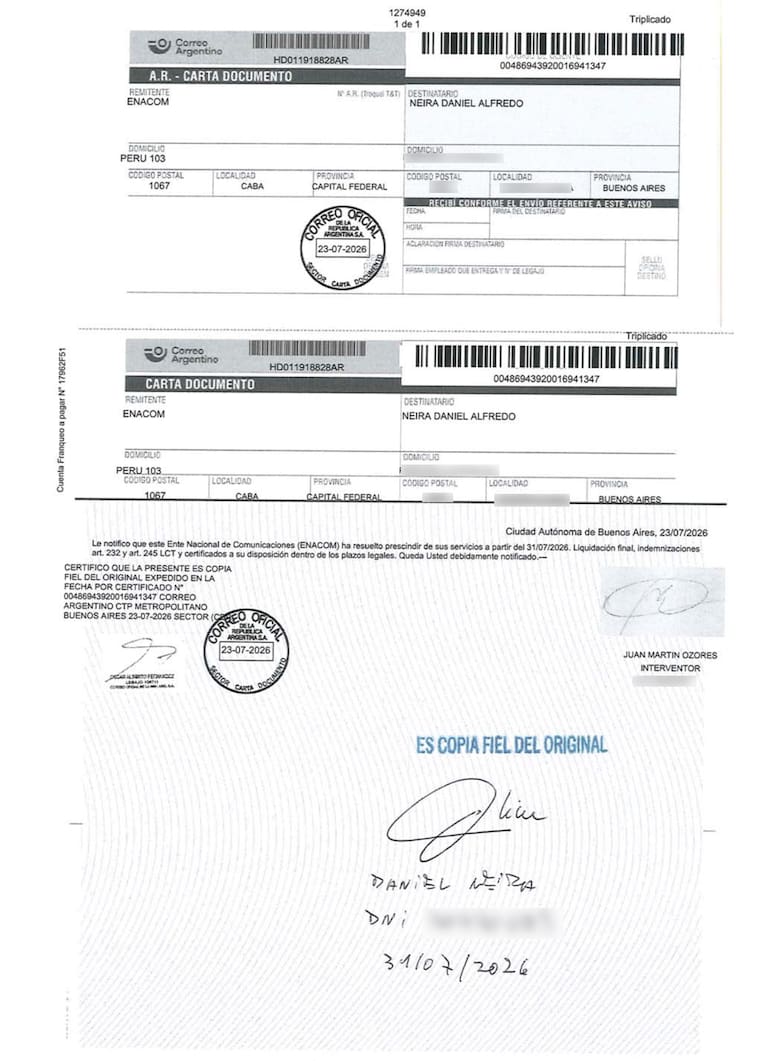 La carta documento del Enacom a Neira