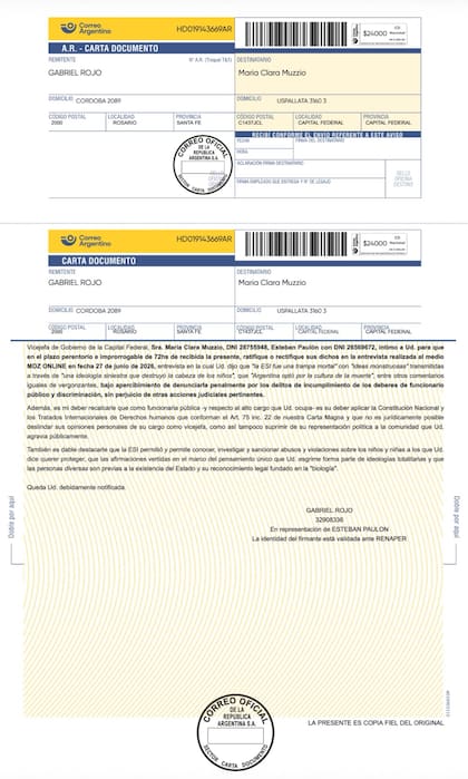 La carta documento que Esteban Paulón envió a Clara Muzzio