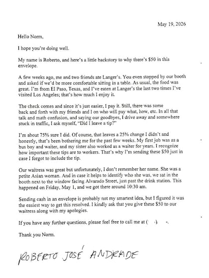 La carta enviada al famoso restaurante de Los Ángeles