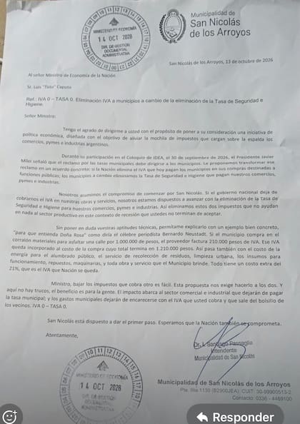 La carta enviado por Passaglia, dirigida a Luis Caputo