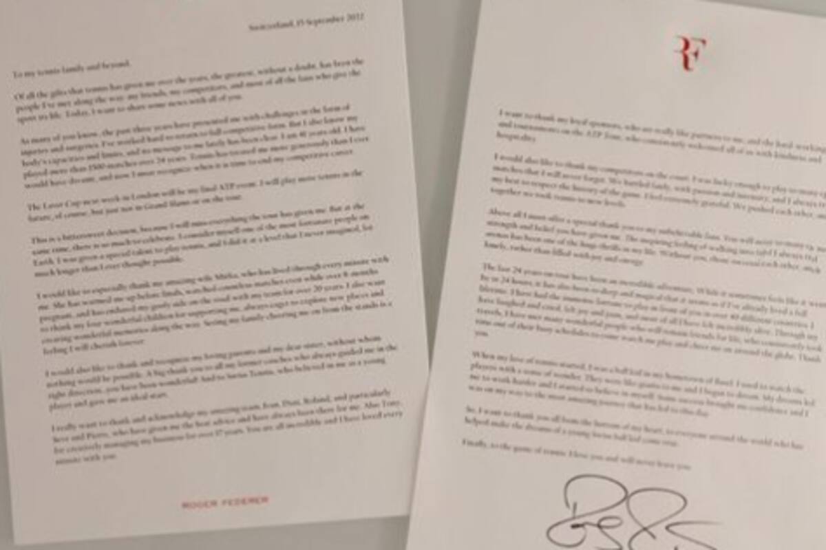La carta escrita con la que Roger Federer anunció su retiro del tenis