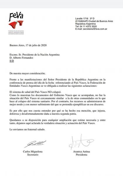 La carta fue firmada por el secretario y presidenta de la federación