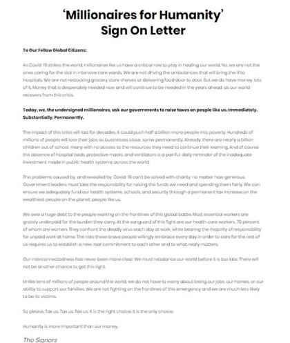 La carta aparece firmada por 83 millonarios, muchos de EEUU, pero también del Reino Unido, Dinamarca, Holanda y Canadá, entre otros países