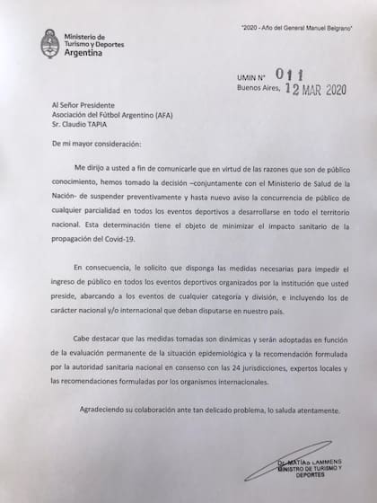 La carta para Tapia firmada por Lammens