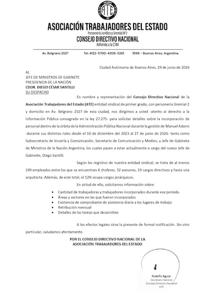 La carta que ATE le envió a Santilli por 249 designaciones que habría hecho Adorni