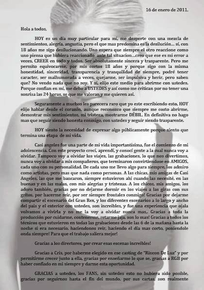 La carta que compartió La China Suárez en su cuenta de Twitter, para anunciar su retiro de la banda Teen Angels