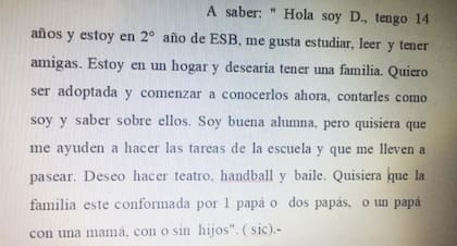 La carta que Denise le dictó por teléfono a un referente del juzgado que lleva su expediente, para que pudiera darse a conocer su voz en esta nota