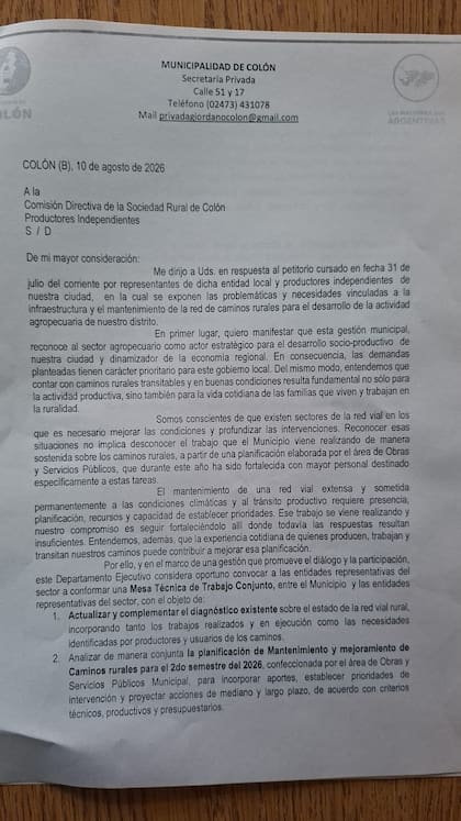 La carta que el intendente les envió a los productores