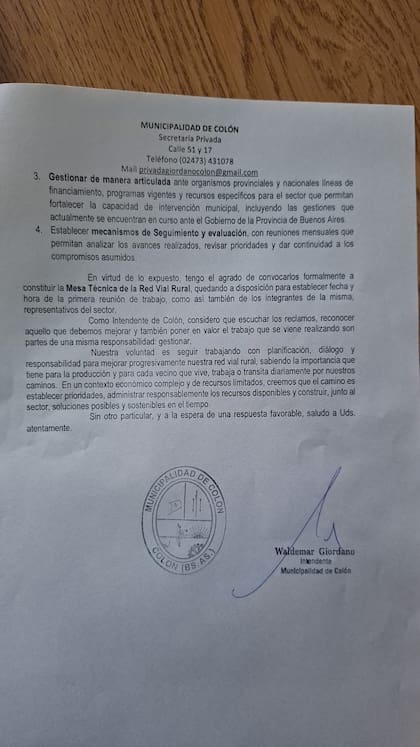 La carta que el intendente les envió a los productores