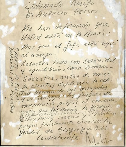 La carta que encontró la policía en el bolsillo de Oberdan Sallustro cuando llegaron a la casa de Villa Lugano donde lo asesinaron