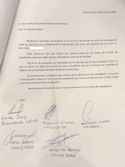 La carta que envió el centro de estudiantes por las denuncias de las alumnas contra el académico