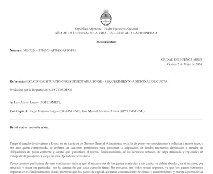 La carta que envió el presidente de Trenes Argentinos a otros funcionarios