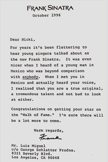 La carta que Frank Sinatra le escribió a Luis Miguel por su estrella en el Paseo de la Fama de Hollywood