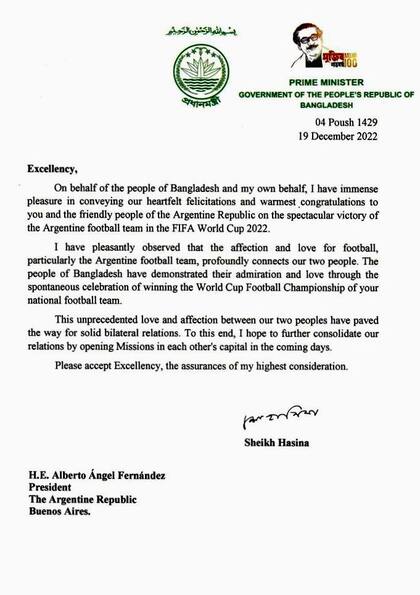 La carta que la primera ministra de Bangladesh le mandó a Alberto Fernández