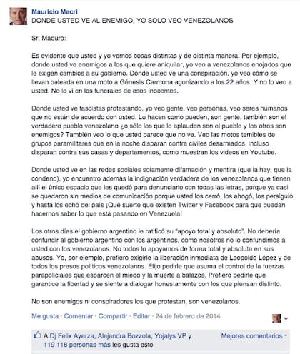 La carta que Macri le escribió a Nicolás Maduro en Facebook