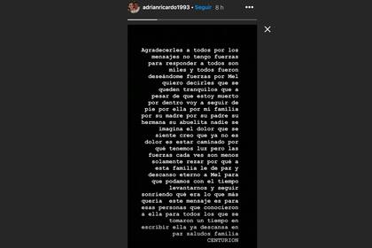 La carta que publicó Ricardo Centurión en su historia de Instagram agradeciendo los mensajes de condolencias por la muerte de su novia Melody Pasini