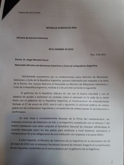 La carta que recibió Jorge Faurie del gobierno de Irán