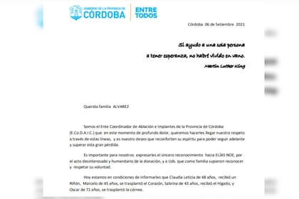 La carta que recibió la familia Álvarez (Gentiliza Miryan Bessone)