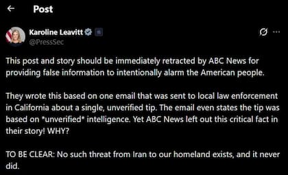 La Casa Blanca desmiente el informe de ABC News sobre posibles ataques iraníes en California