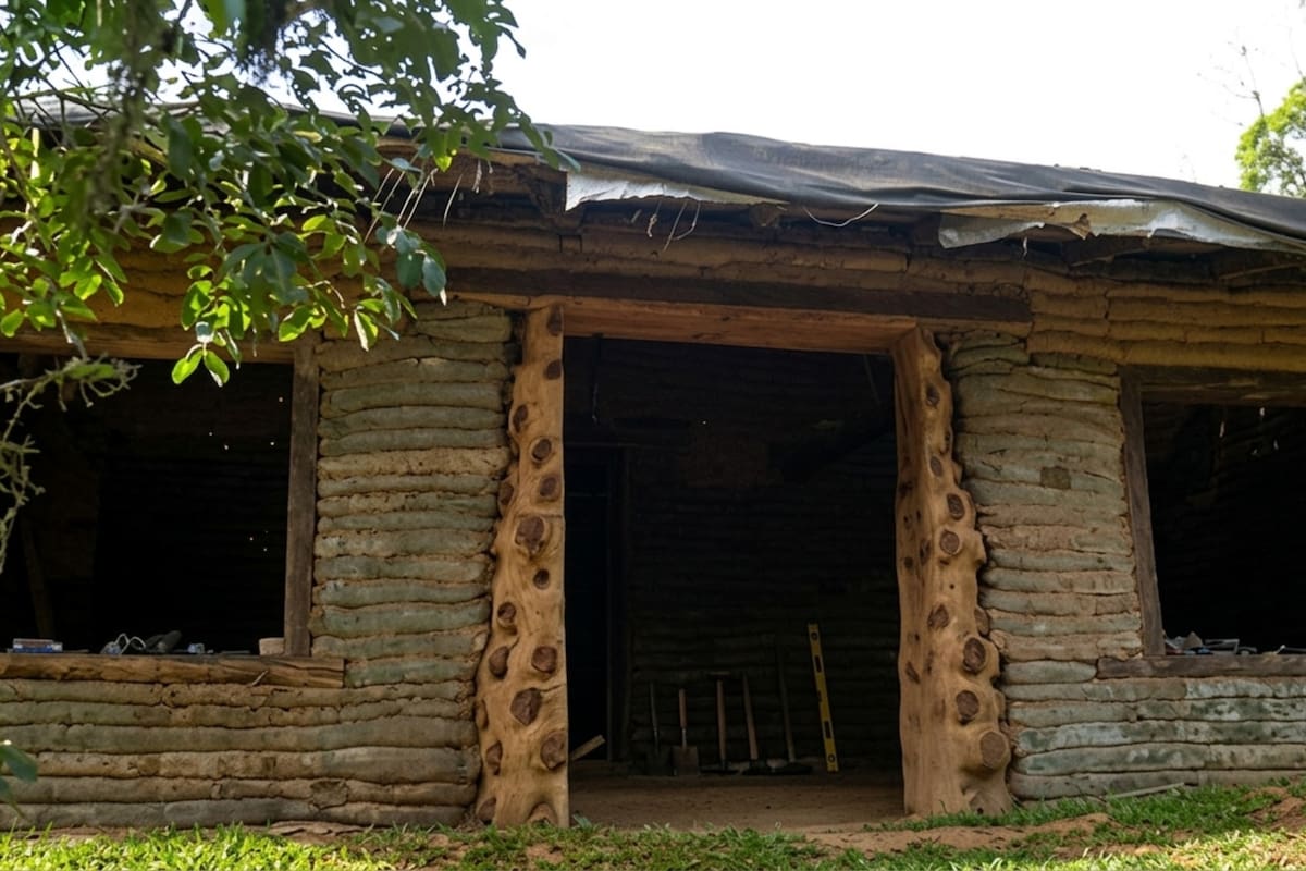 La casa fue construida con la técnica de superadobe, un sistema constructivo que utiliza largos tubos de un material similar al de los sacos de papas y cebollas, rellenos de tierra y dispuestos en capas sucesivas