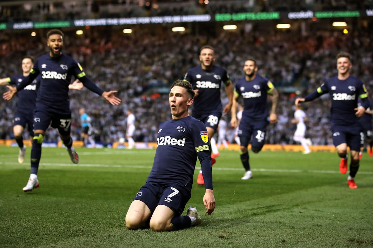 La celebración de Derby County, que le ganó 4-2 al Leeds de Bielsa y lo eliminó.