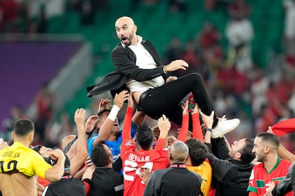 La celebración del plantel de Marruecos con su seleccionador Walid Regragui, después de la histórica clasificación para las semifinales del Mundial de Qatar 2022