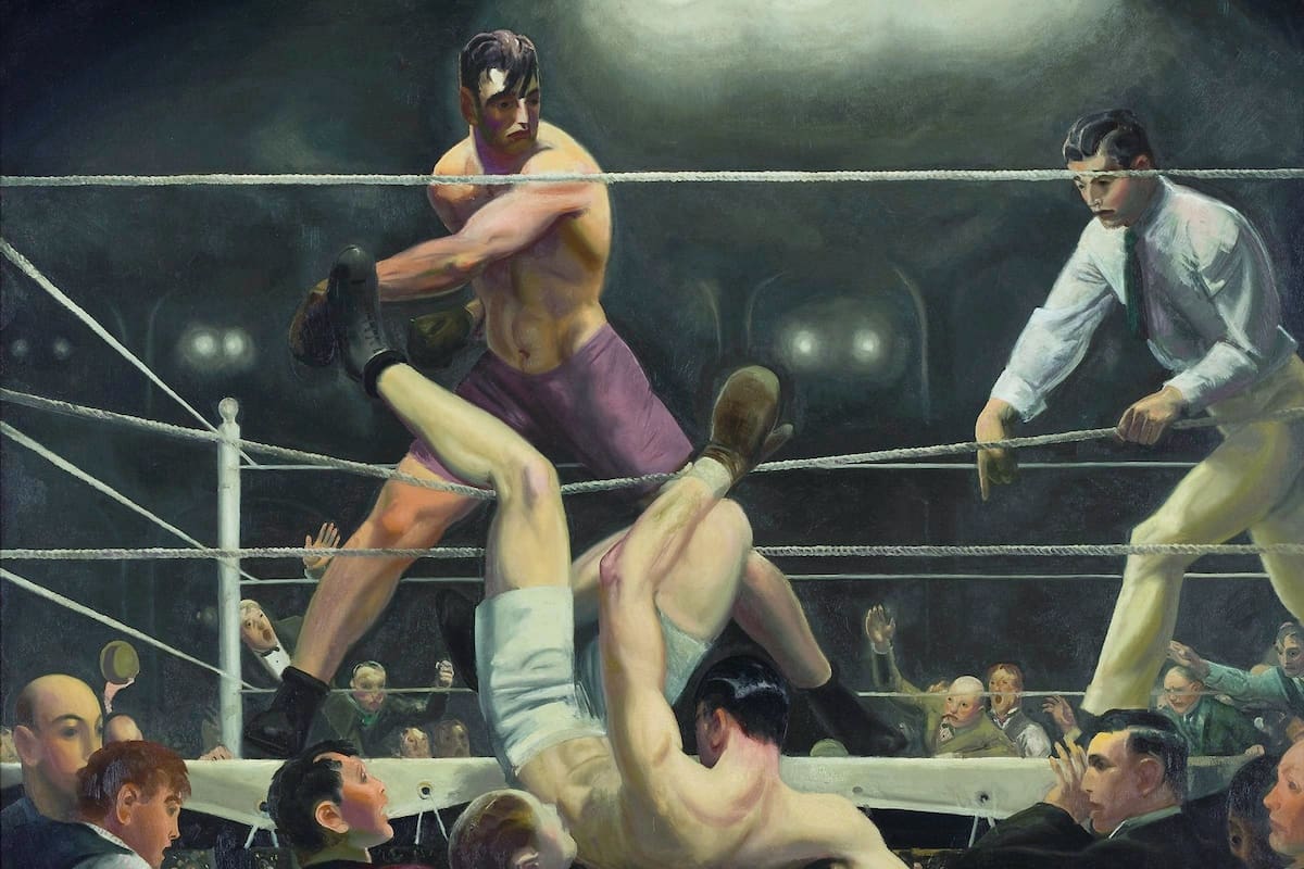 La célebre pintura de George Belows, un lienzo al óleo, realizado en 1924 que colorea la escena cumbre de este match entre Firpo y Dempsey