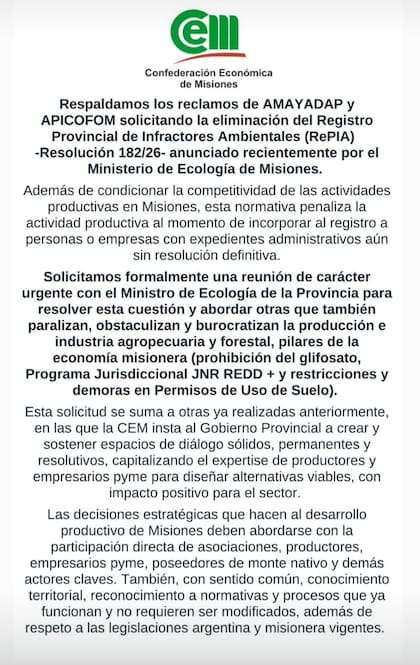 La CEM, la entidad más importante del empresariado misionero, salió a respaldar el reclamo.
