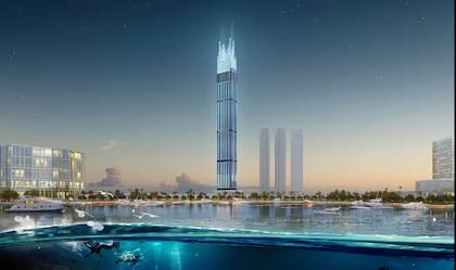 ‘La cereza del postre’ -como se ve en su proyección- es su corona con agujas en forma de diamante que iluminará el cielo de Dubái