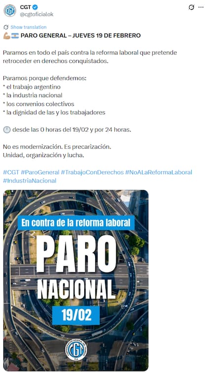 La CGT convocó a un paro general este jueves 19 de febrero (X: @cgtoficialok)